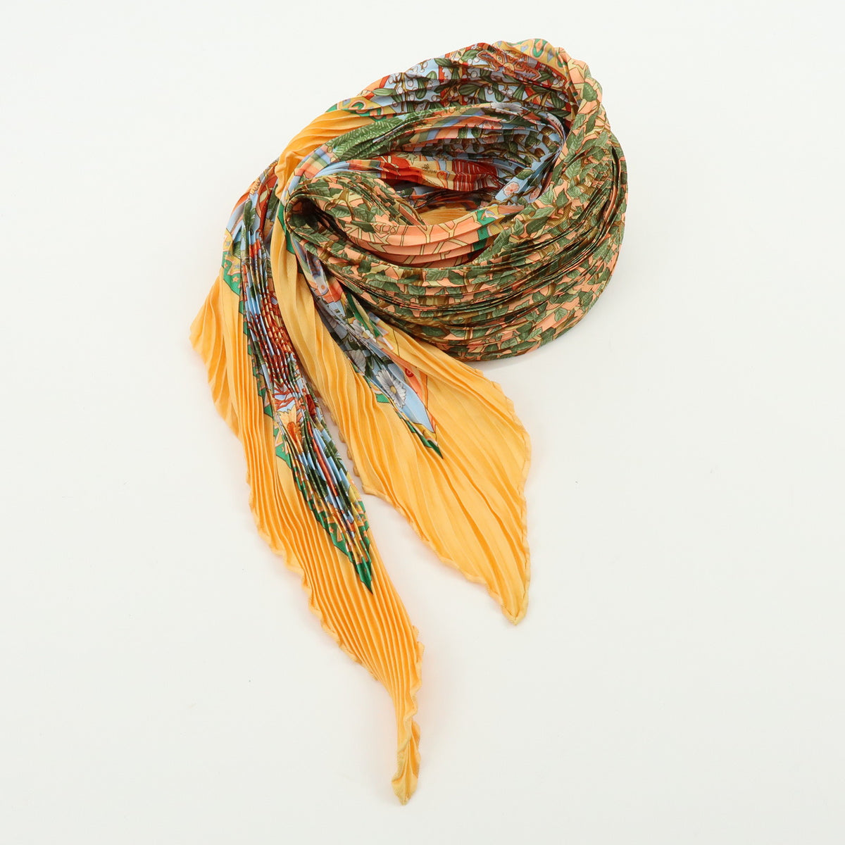 HERMES Pleated Carre Silk 100% Scarf AXIS MUNDI Orange