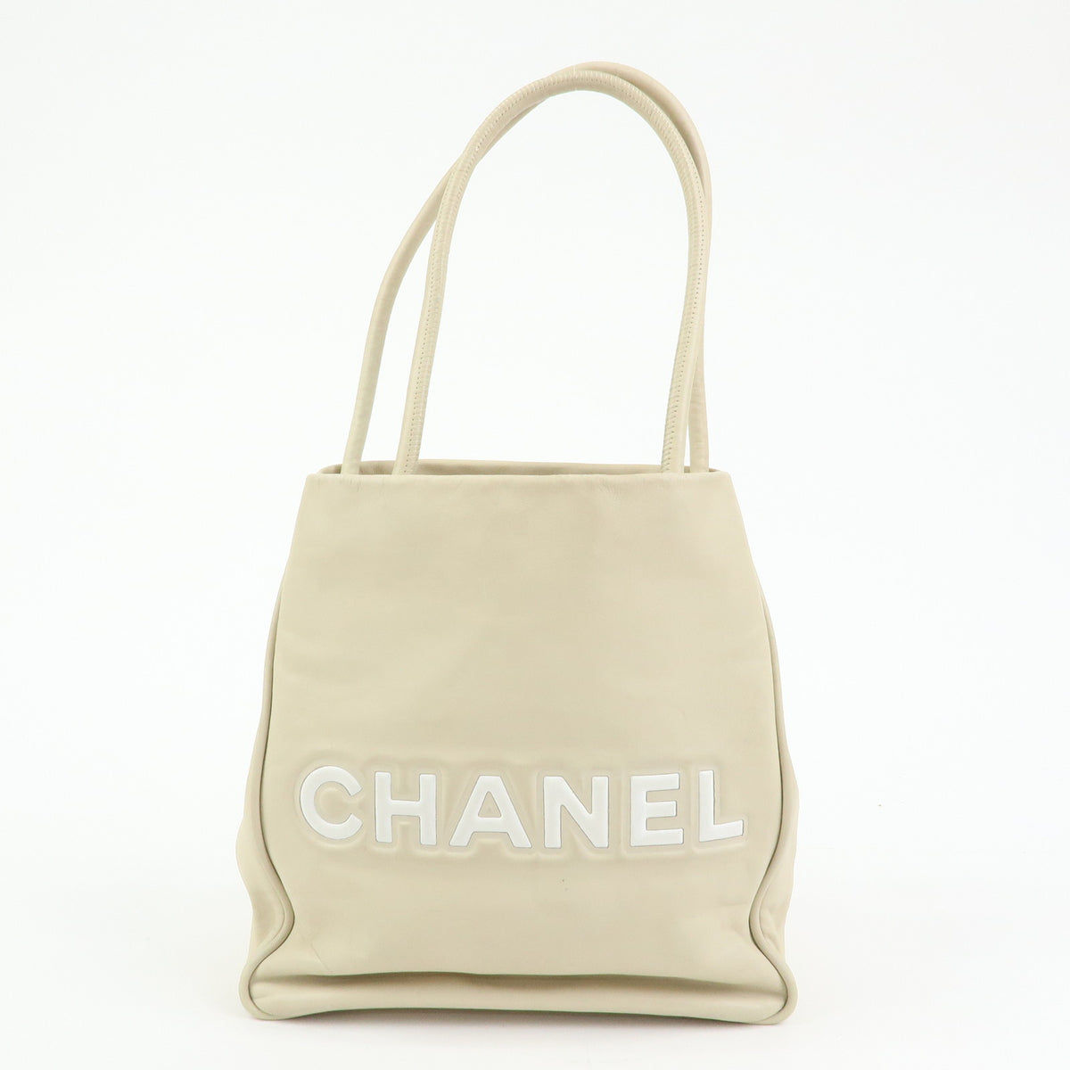 CHANEL Logo Camellia Leather Tote Bag Shoulder Bag Beige A20856