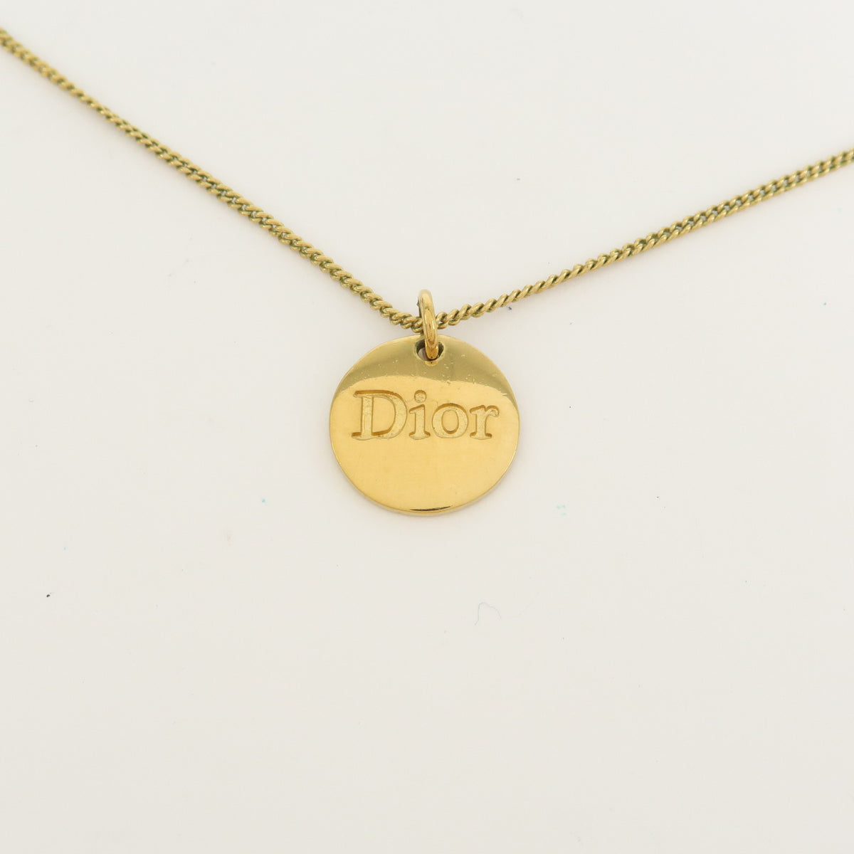 Christian Dior Logo Circle Pendant Metal Necklace Gold
