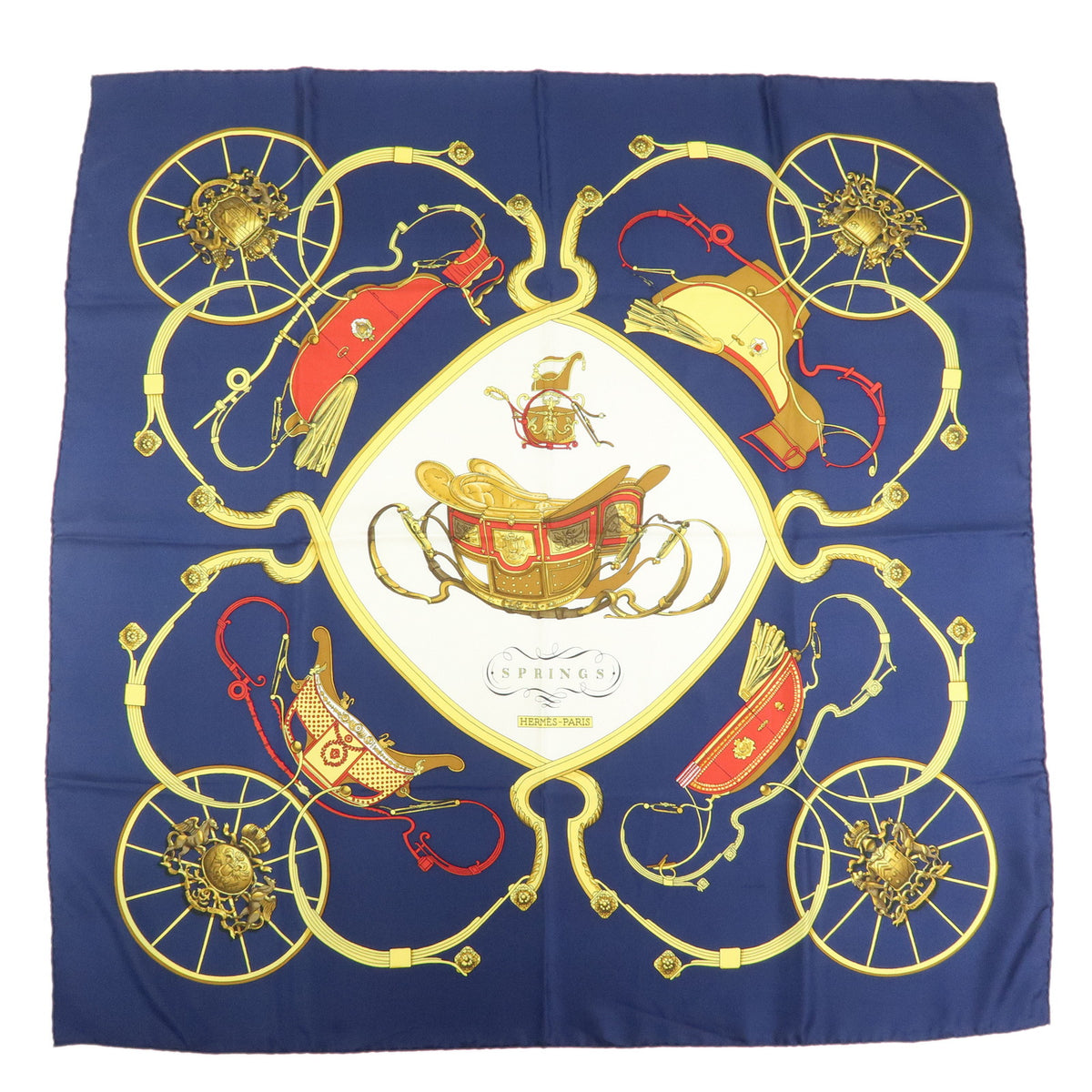 HERMES Carre 90 Silk 100% Scarf SPRINGS Navy Yellow