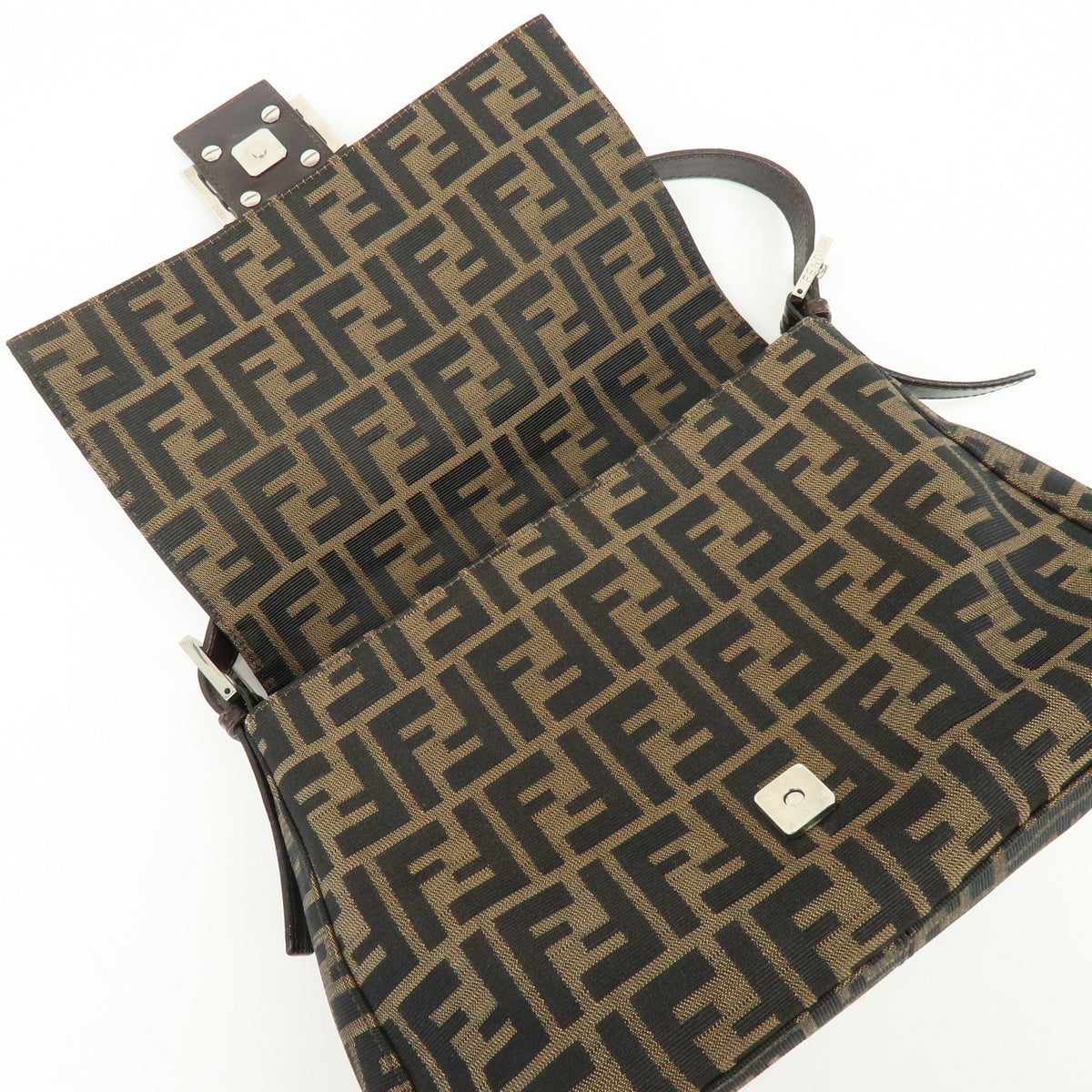 FENDI Mamma Baguette Zucca Canvas Leather Hand Bag Brown 26325