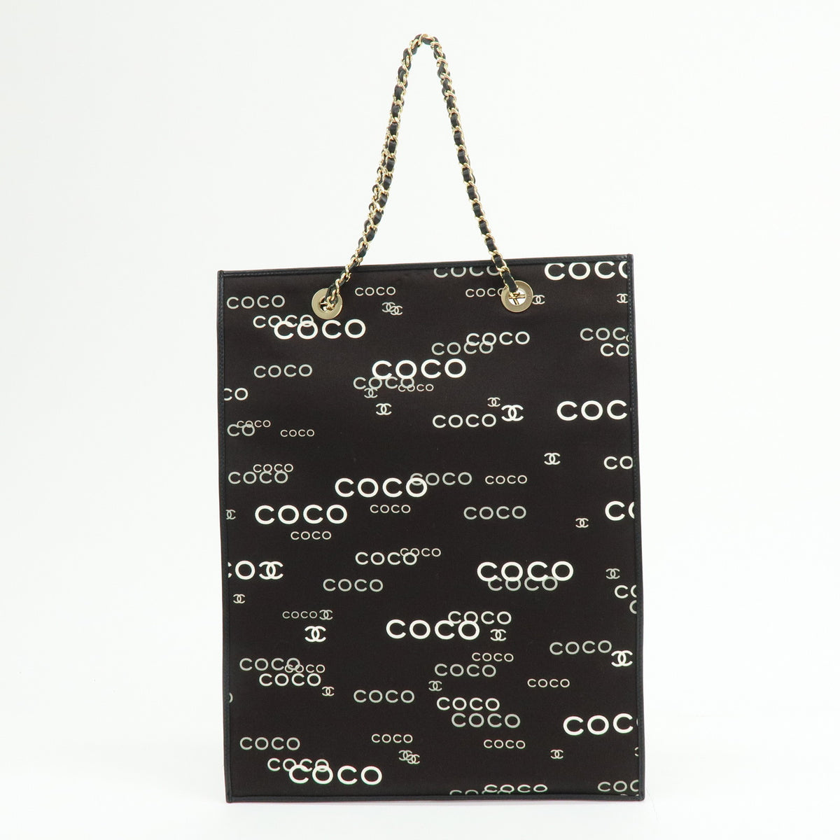 CHANEL COCO Mark Flat Shopper Canvas Leather Chain Tote Bag Black White