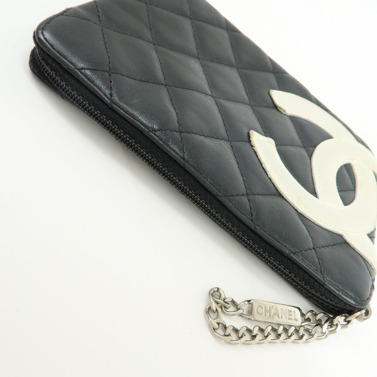 CHANEL Cambon Line COCO Mark Calf Skin Cosmetic Pouch Black White