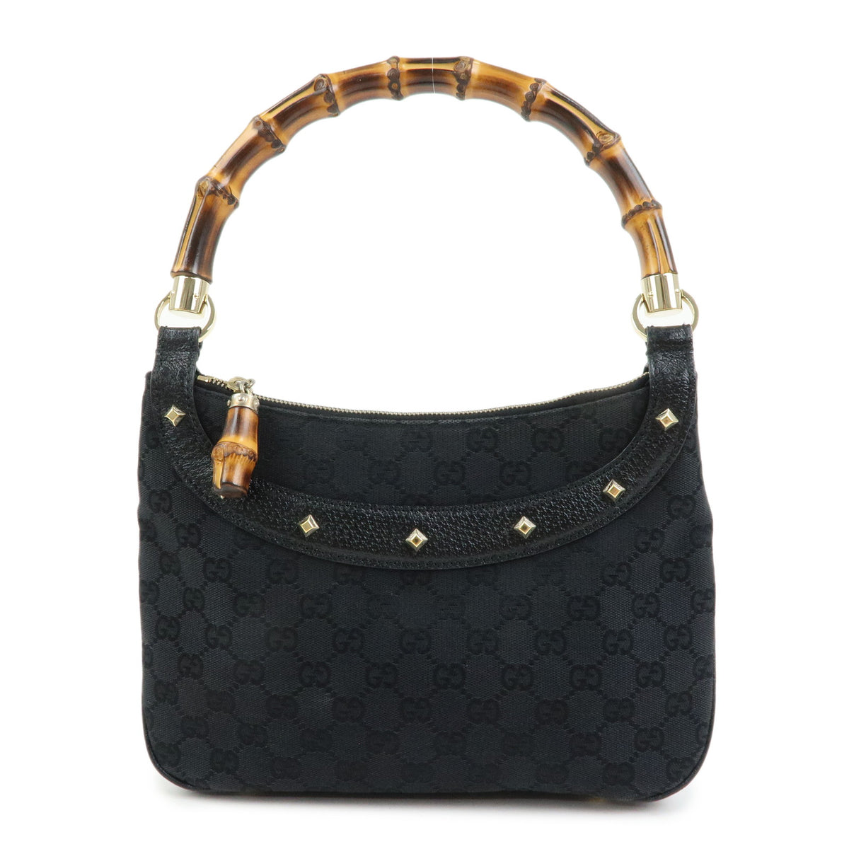 GUCCI Bamboo GG Canvas Leather Hand Bag Black 137378
