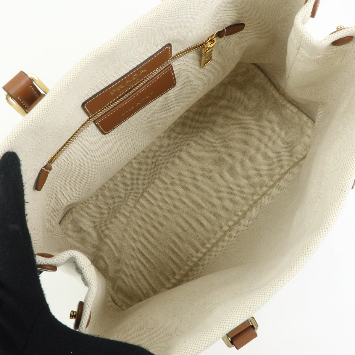 PRADA Logo Linen Leather Tote Bag Shoulder Bag Natural Brown 1BG356