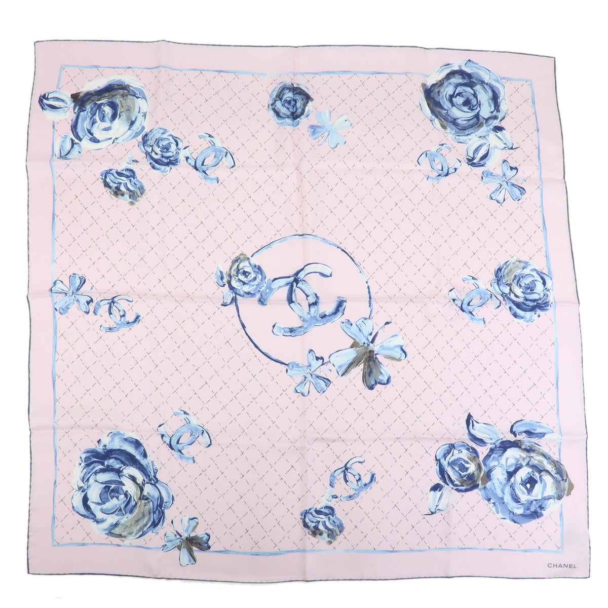 CHANEL COCO Mark Silk 100% Scarf Flower Rose Pink Blue