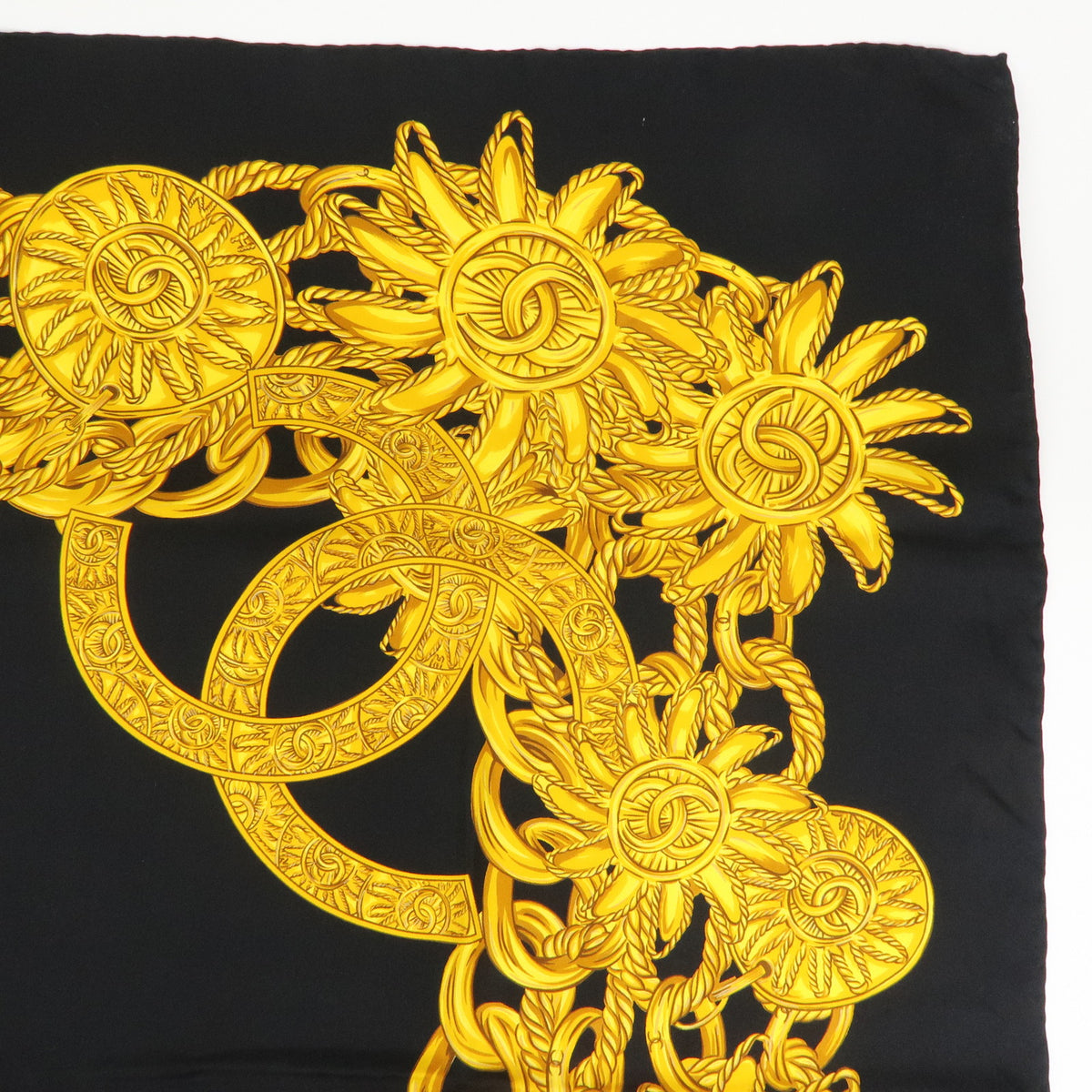CHANEL COCO Mark Silk 100% Scarf Chain Black Gold