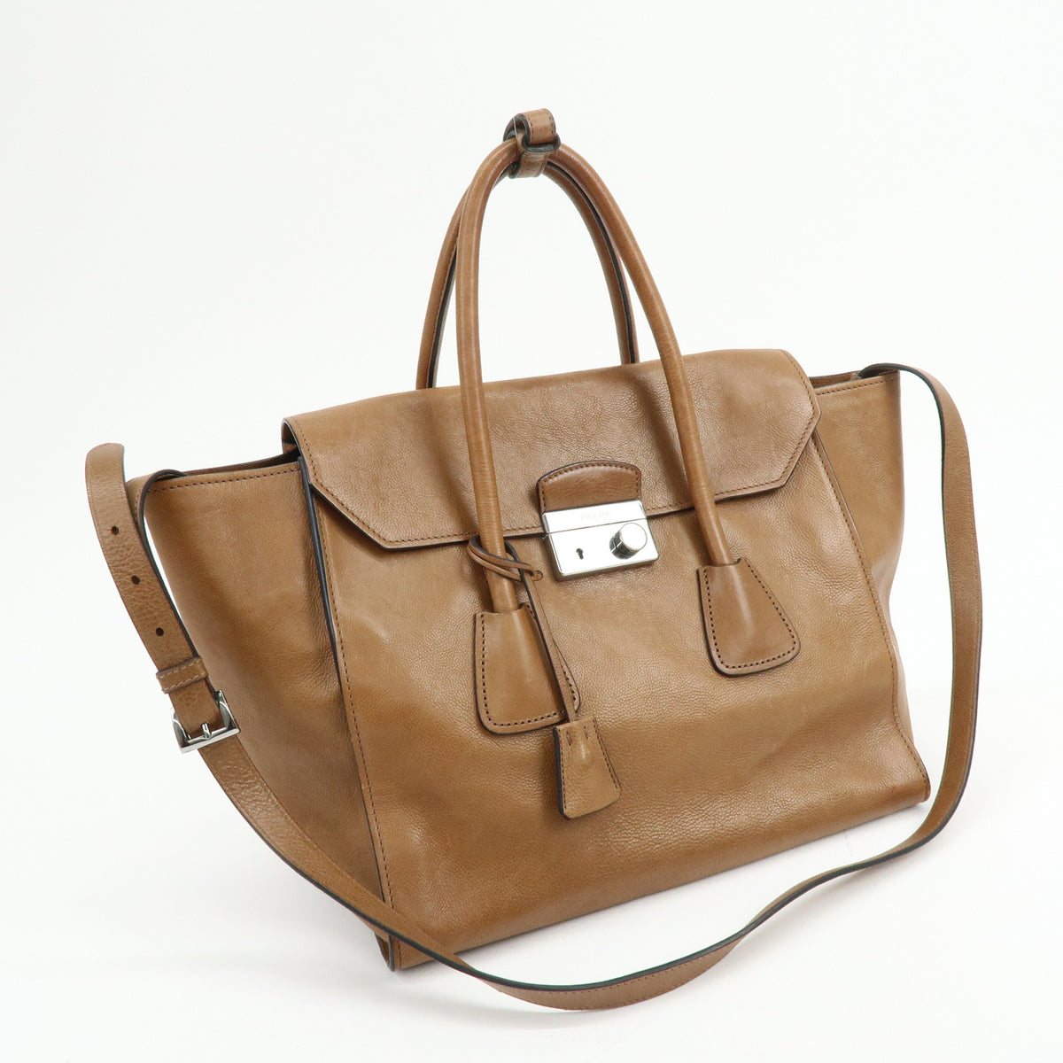PRADA Triangle Logo Leather 2Way Bag Hand Bag Shoulder Bag Brown BN2661