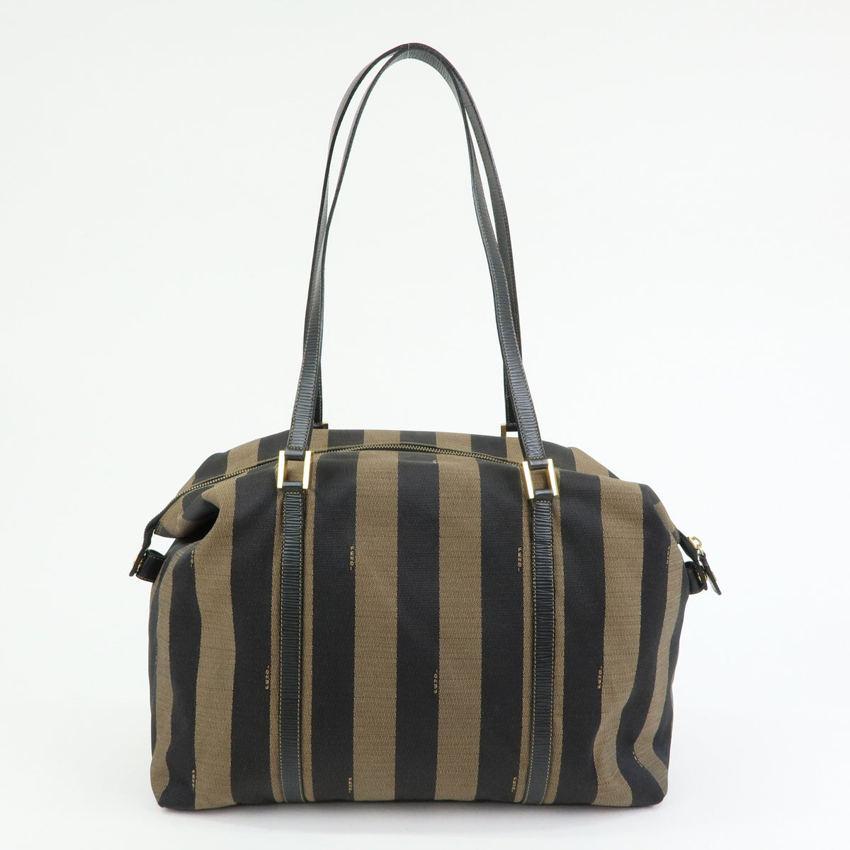 FENDI Pequin Jacquard Canvas Leather Tote Bag Brown Black 26323