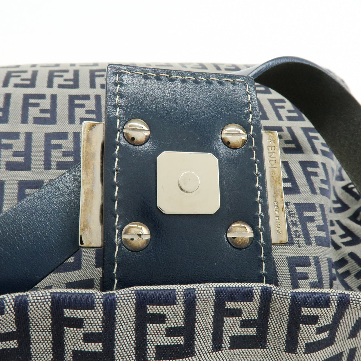 FENDI Mamma Baguette Zucchino Canvas Leather Shoulder Bag Navy 26424