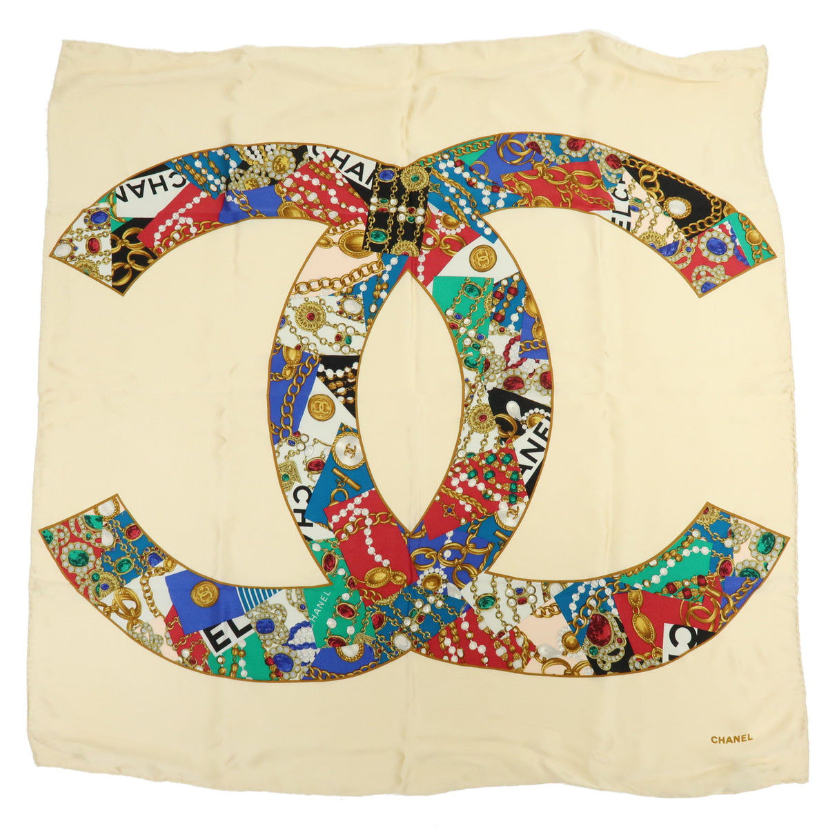 CHANEL COCO Mark Silk 100% Scarf Jewelry Motif Beige Multicolor
