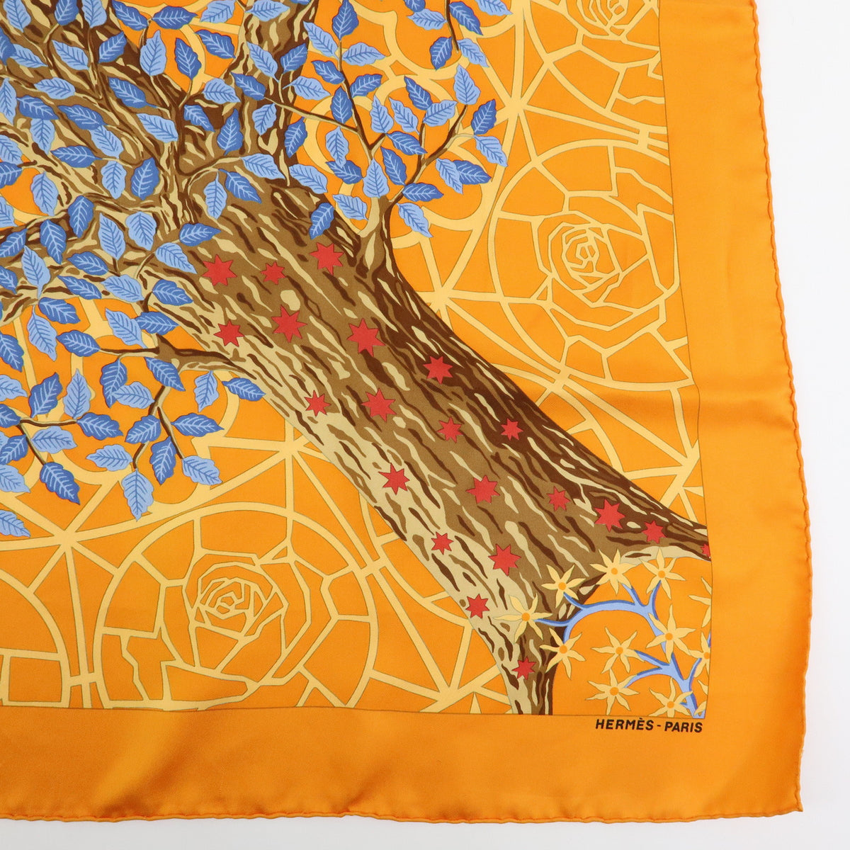 HERMES Carre 90 Silk 100% Scarf AXIS MUNDI Orange Blue Brown