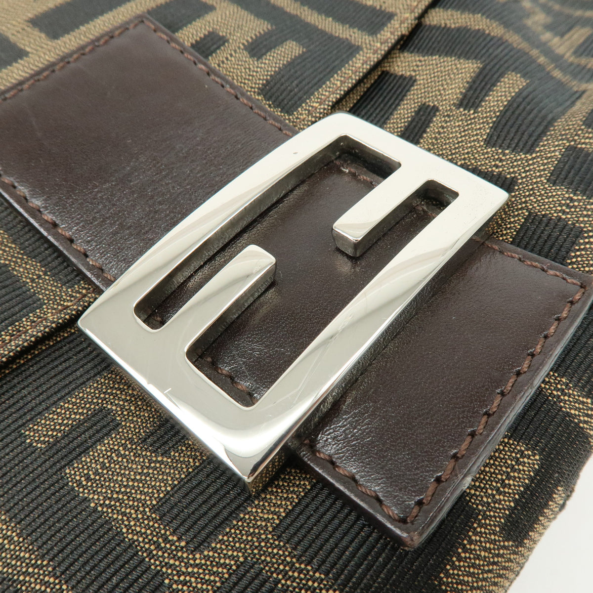 FENDI Mamma Baguette Zucca Canvas Leather Hand Bag Brown 26325