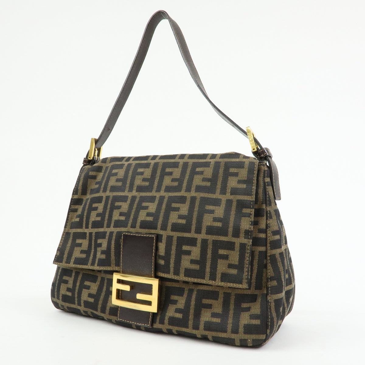 FENDI Zucca Mamma Baguette Canvas Leather Shoulder Bag Brown Gold 26325