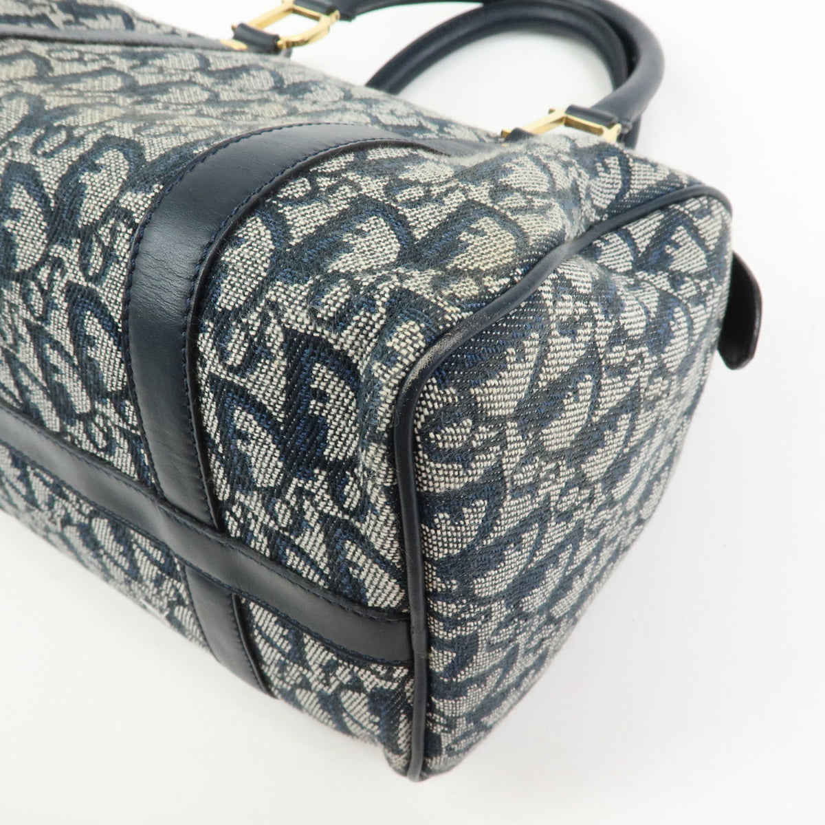 Christian Dior Trotter Jacquard Canvas Leather Boston Bag Hand Bag Navy