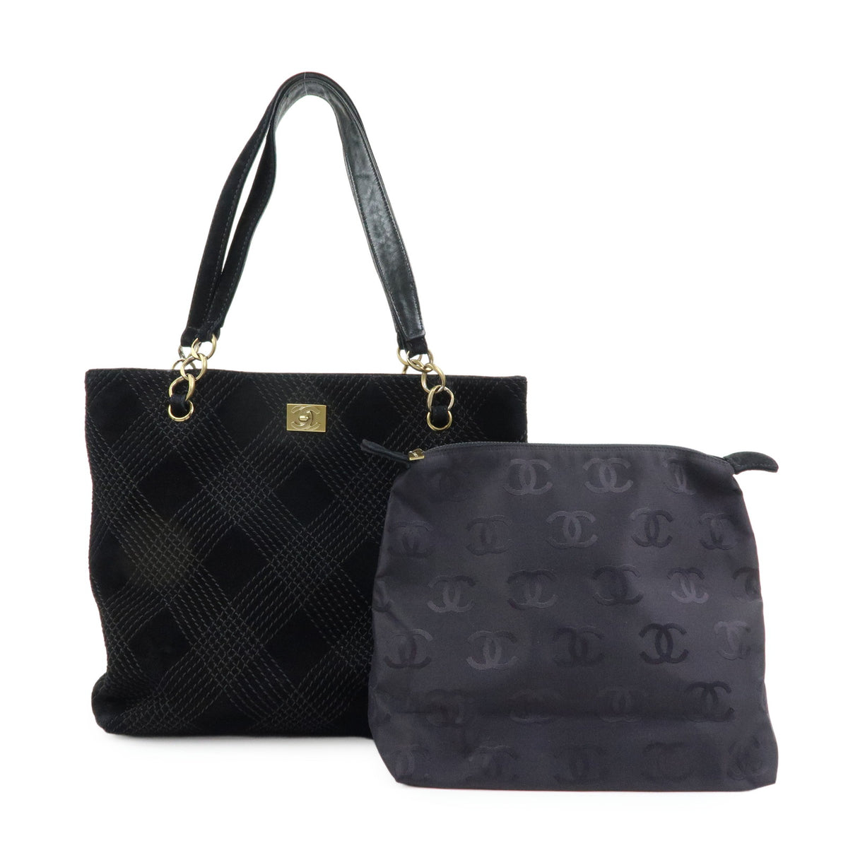 CHANEL COCO Mark Wild Stitch Suede Leather Shoulder Bag Tote Bag Black