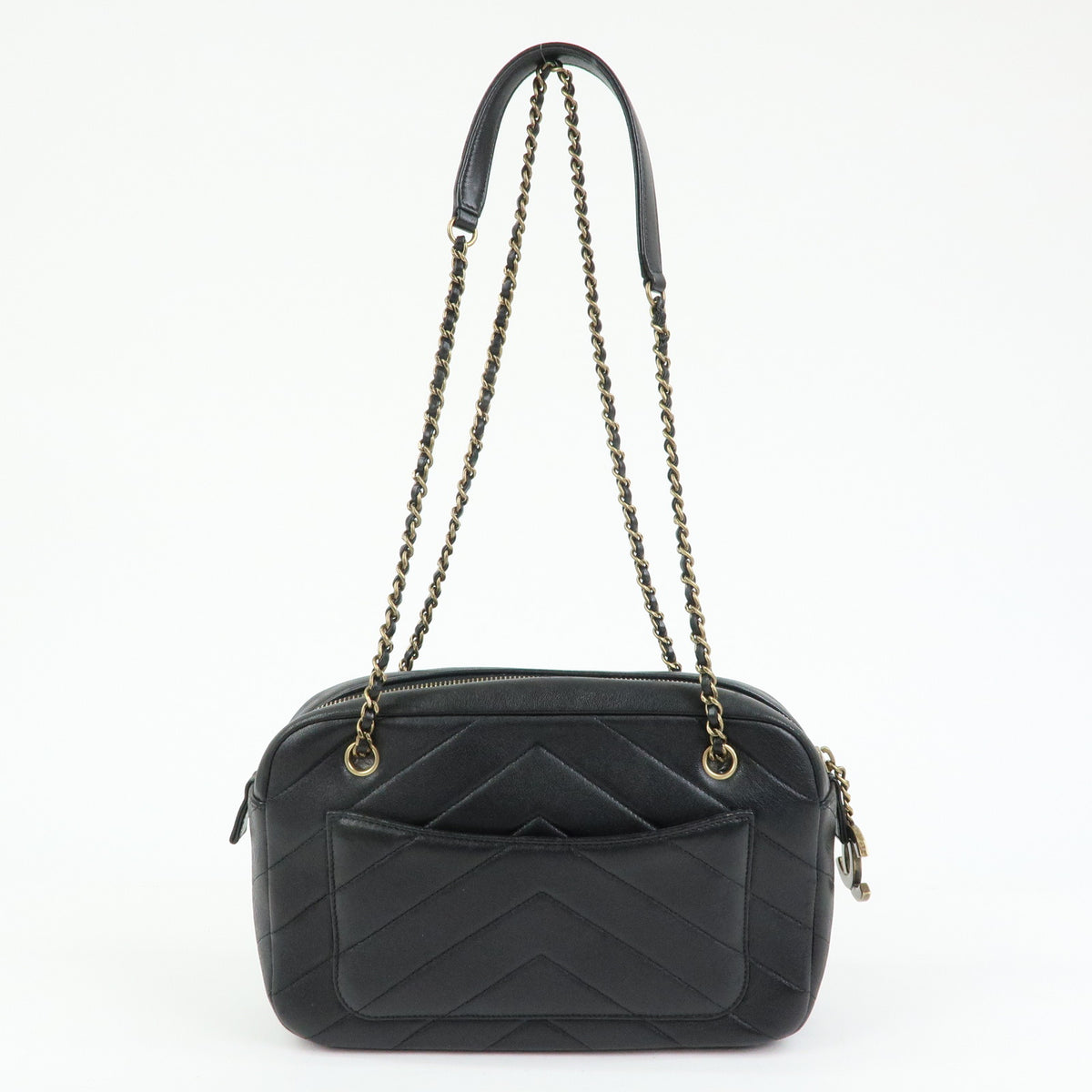 CHANEL Chevron Calf Leather Chain Shoulder Crossbody Bag Balck