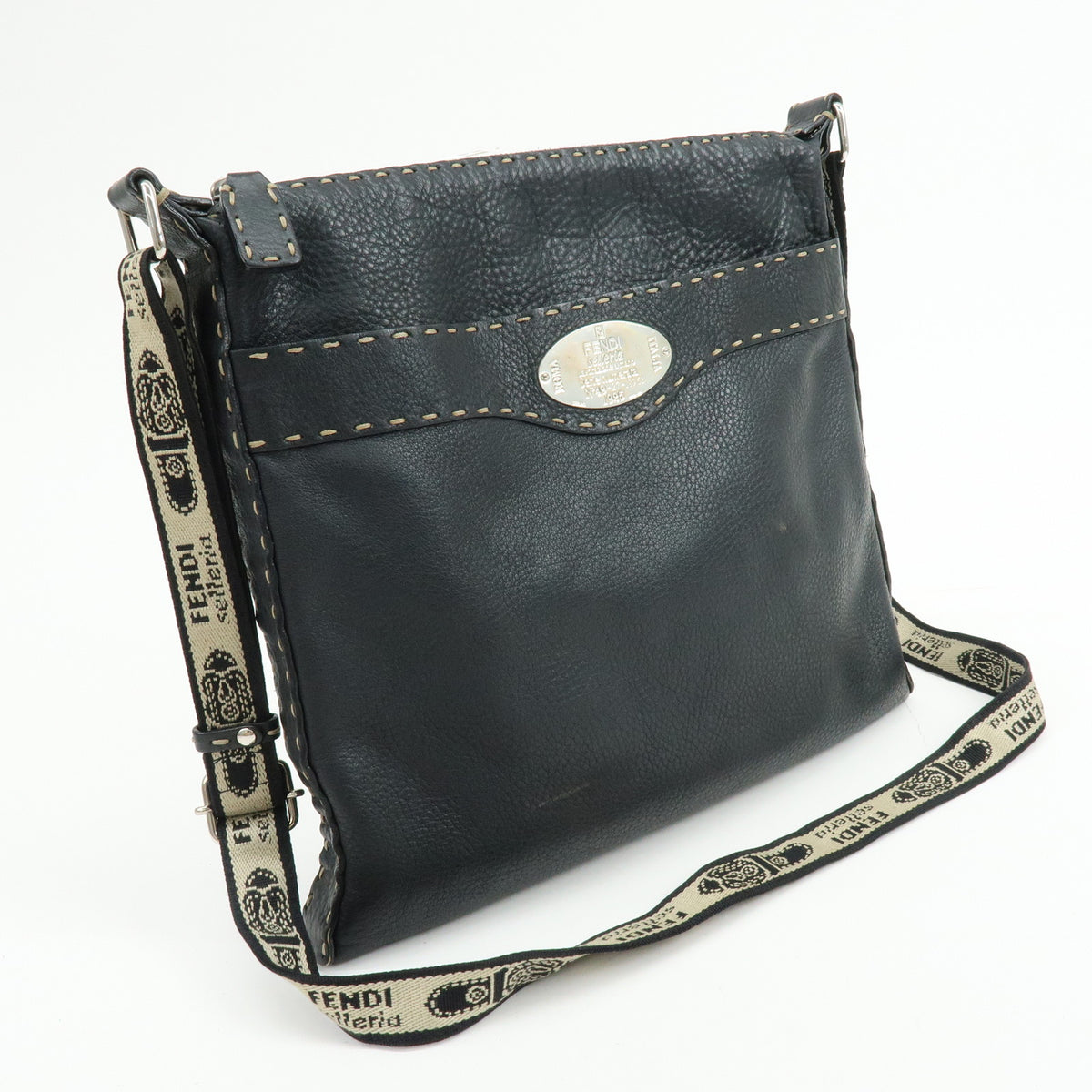 FENDI Logo Selleria Leather Shoulder Bag Crossbody Bag Black 8BT109