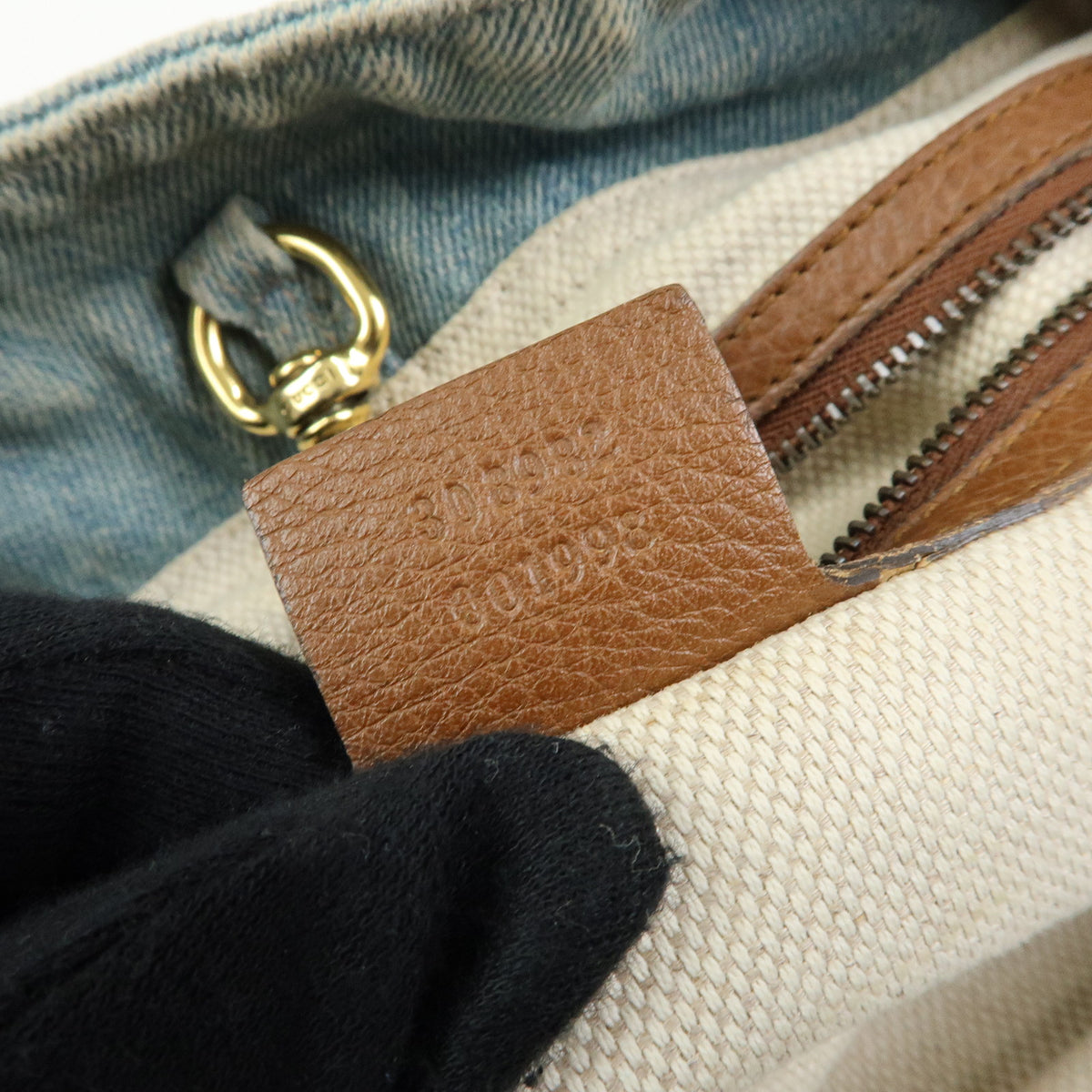 GUCCI SOHO Interlocking G Denim Leather Chain Shoulder Bag Blue 308982