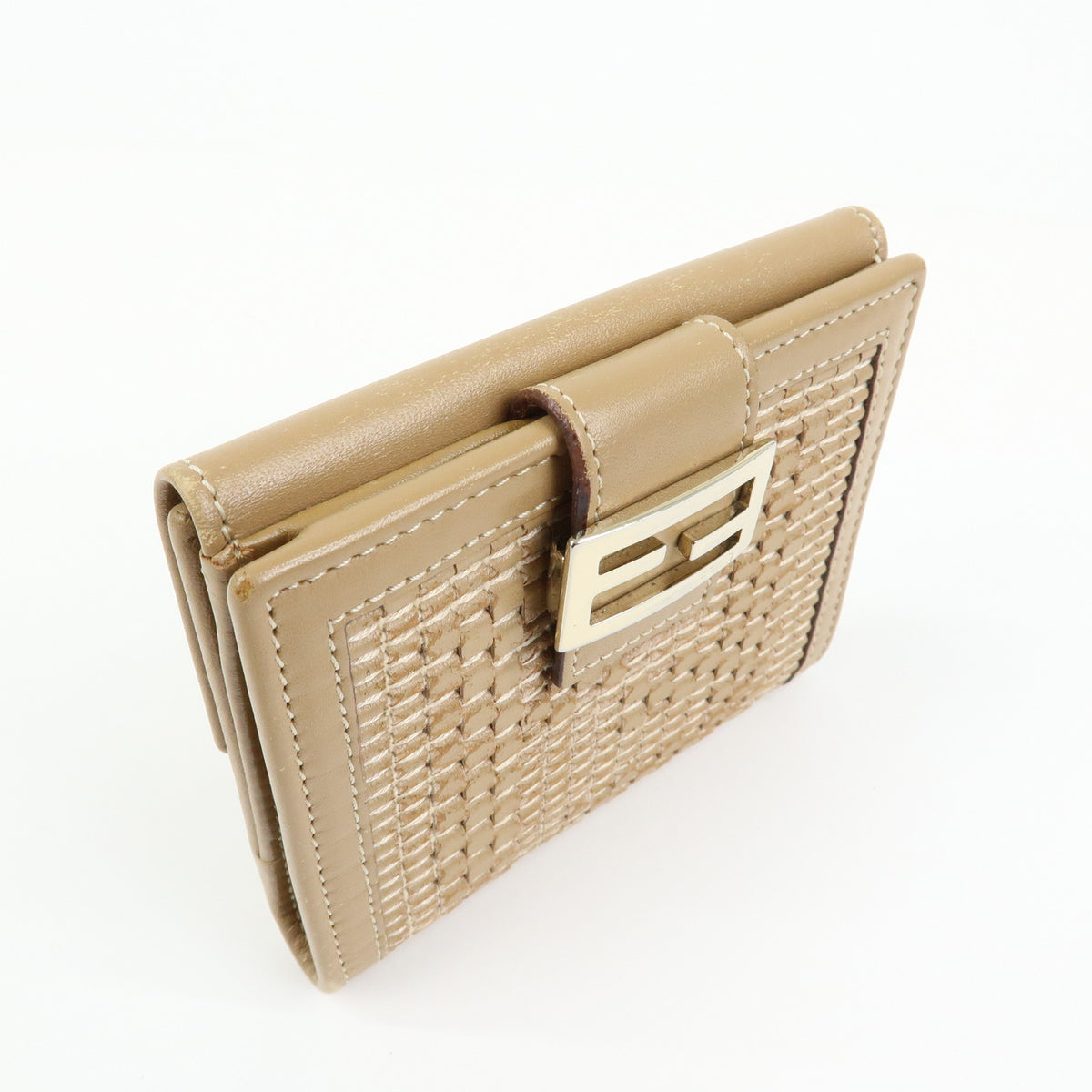 FENDI Logo Leather Bi-fold Compact Wallet Brown Gold 8M0188