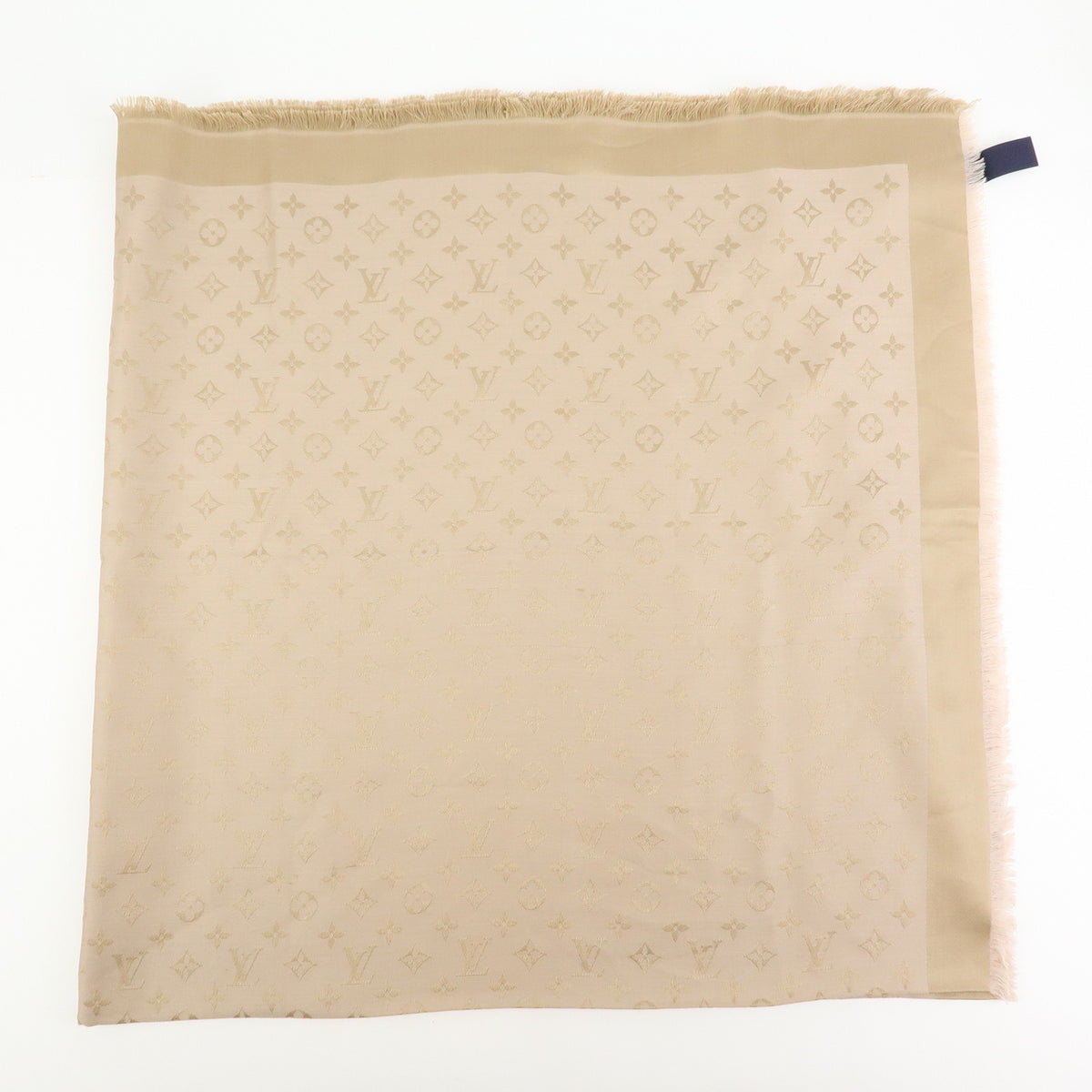 Louis Vuitton Monogram Shine Silk Wool Scarf Shawl Fringe Greige M75121