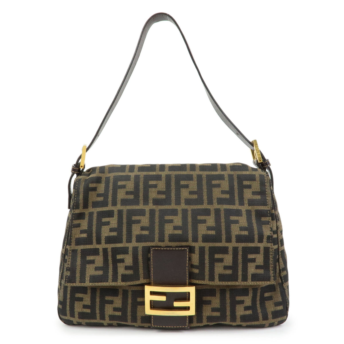 FENDI Zucca Mamma Baguette Canvas Leather Shoulder Bag Brown Gold 26325
