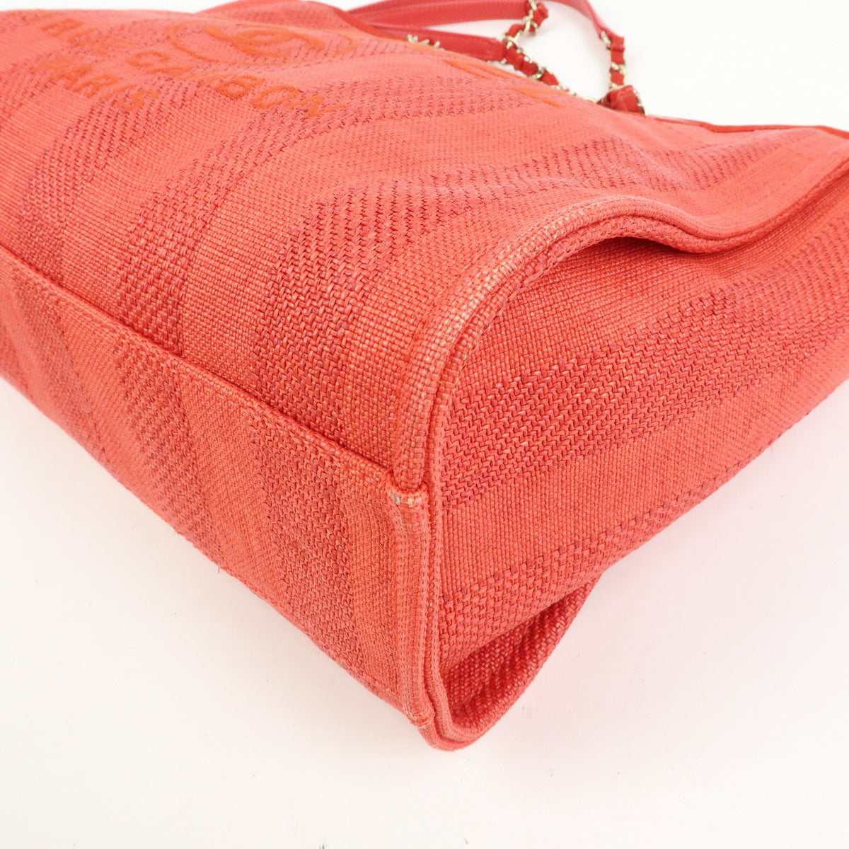 CHANEL Deauville MM Straw Canvas Leather Tote Shoulder Bag Red A67001