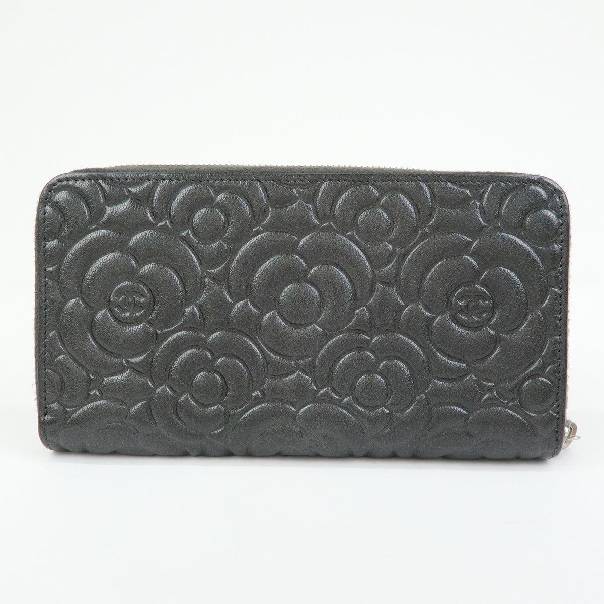 CHANEL Camellia COCO Mark Calf Leather Round Zippy Wallet Grey A82281
