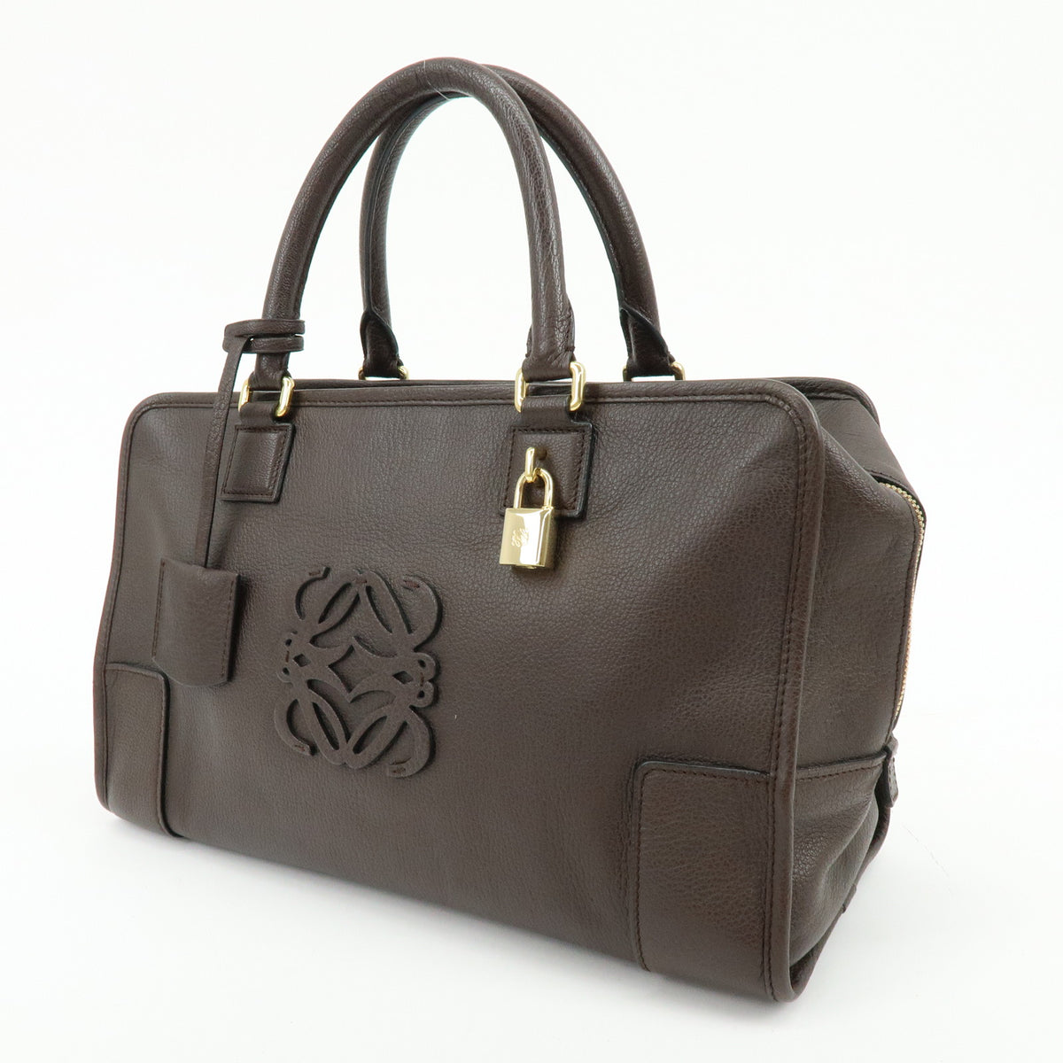 LOEWE Anagram Amazona 35 Leather Boston Bag Hand Bag Dark Brown
