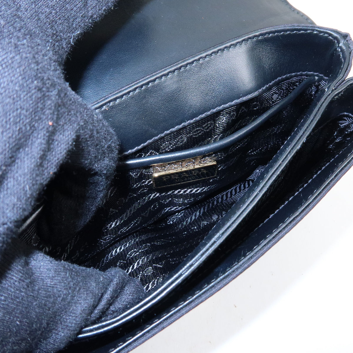 PRADA Logo Saffiano Nylon Leather Chain Shoulder Crossbody Bag Black