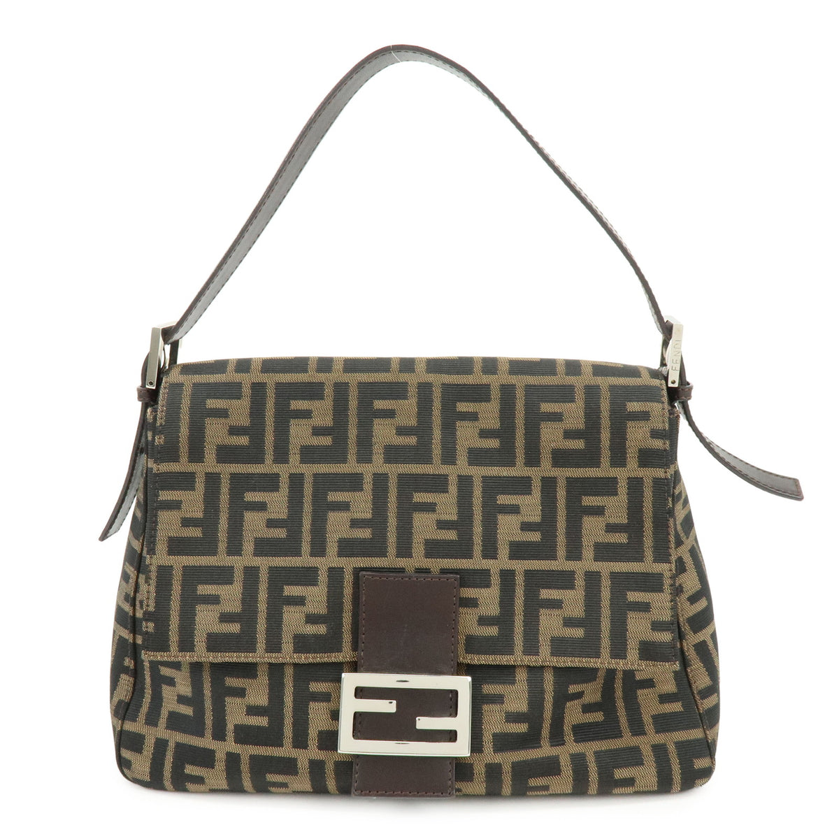 FENDI Mamma Baguette Zucca Canvas Leather Hand Bag Brown 26325
