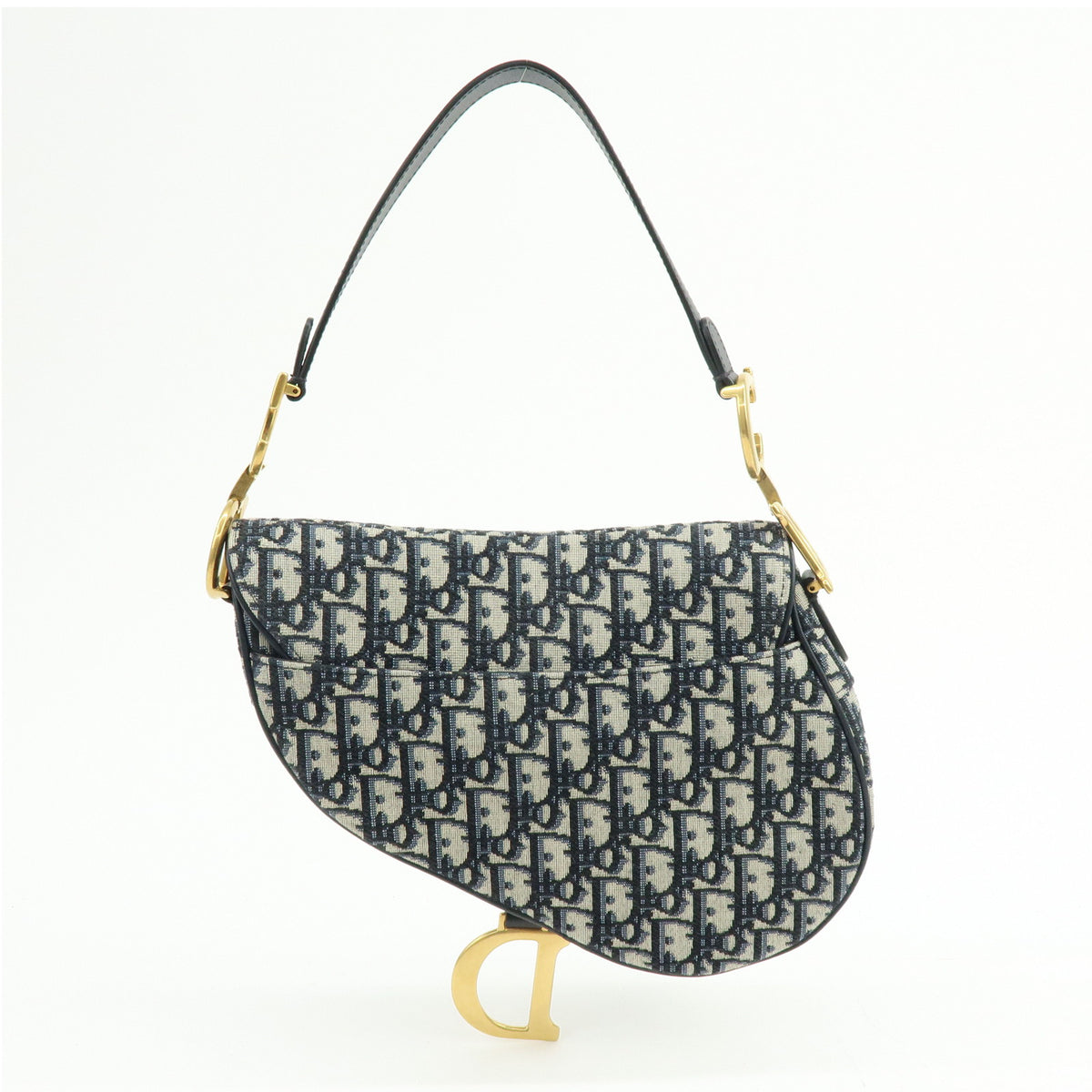 Christian Dior Saddle Oblique Jaquard Leather Shoulder Bag Navy Beige
