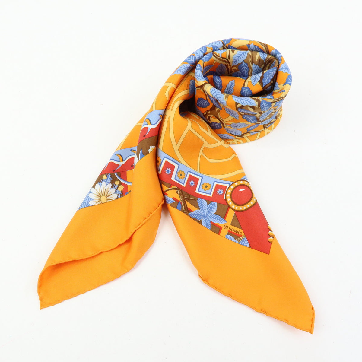 HERMES Carre 90 Silk 100% Scarf AXIS MUNDI Orange Blue Brown