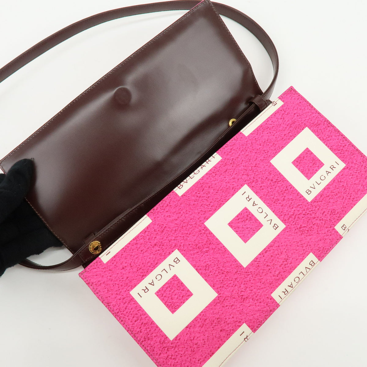 BVLGARI Square Logo Nylon Leather 3Way Clutch Bag Shoulder Bag Pink