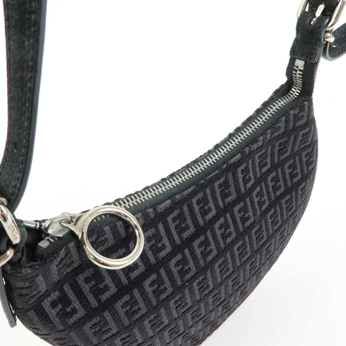 FENDI Zucchino Canvas Leather Shoulder Bag Hand Bag Black 8BR248