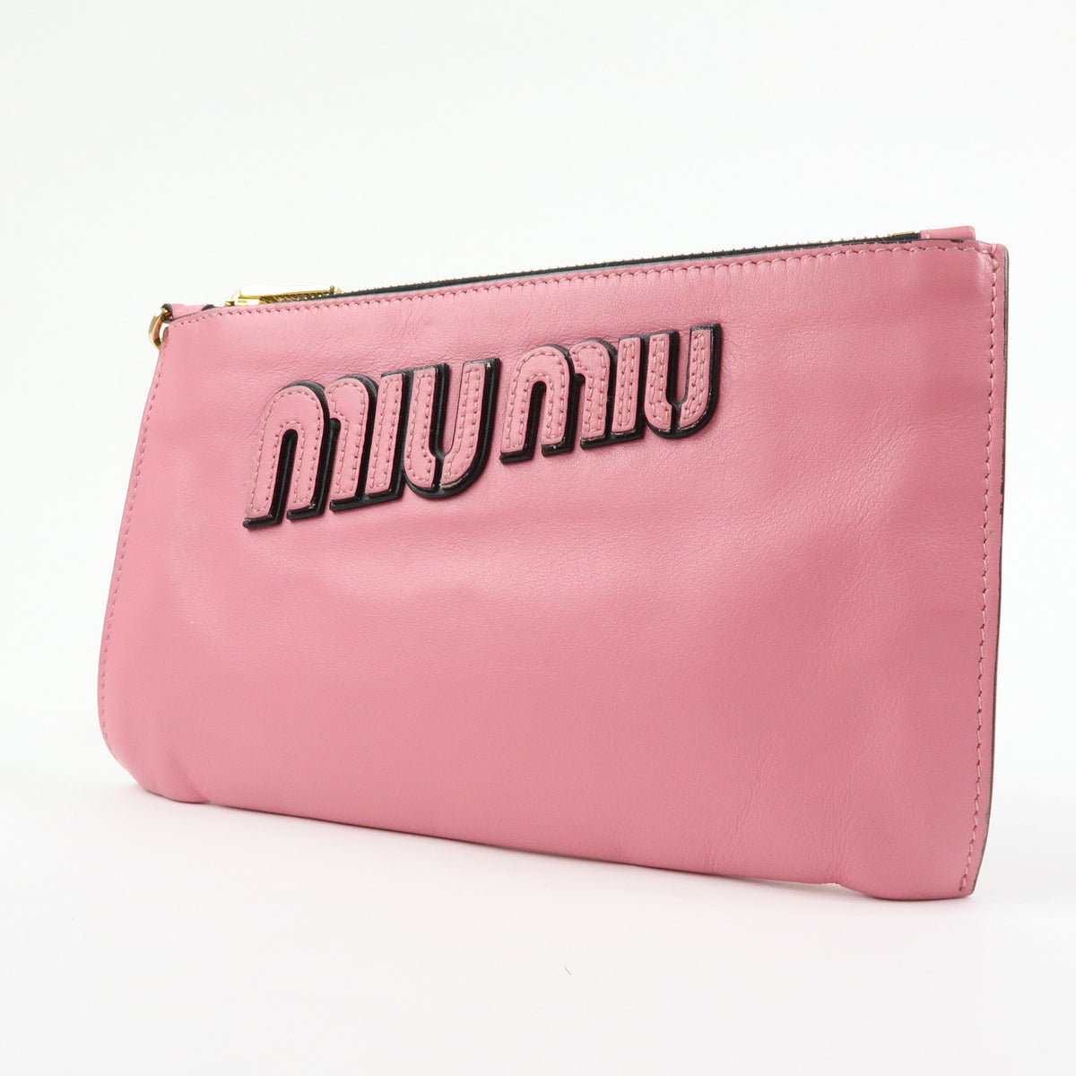MIU MIU Logo Soft Calf Leather Clutch Bag Flat Pouch Pink 5N1890
