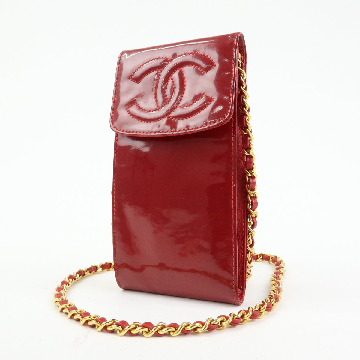 CHANEL COCO Mark Patent Leather Chain Shoulder Bag Phone Case Red Gold