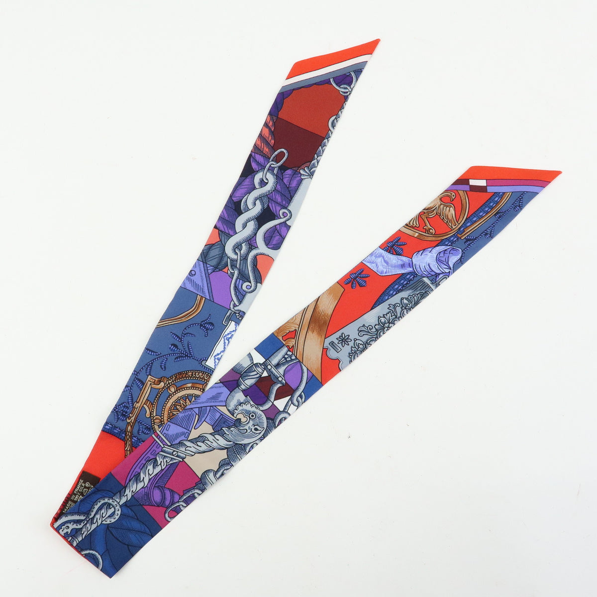 HERMES Twilly Silk 100% Scarf CAVALLERIA D ETRIERS Red Purple Blue