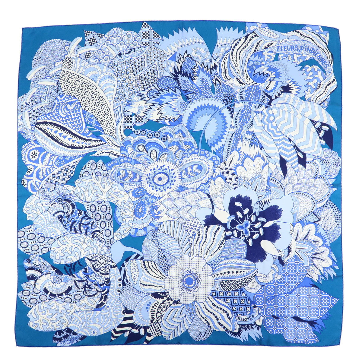 HERMES Carre 90 Silk Scarf 100% FLEURS DINDIENNES Blue White