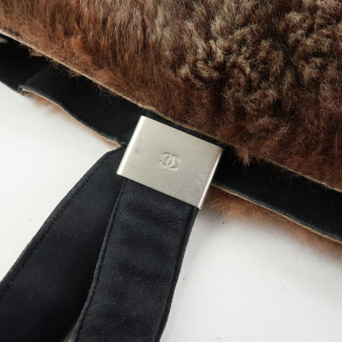 CHANEL COCO Mark Lapin Suede Fur Hand Bag Tote Bag Brown