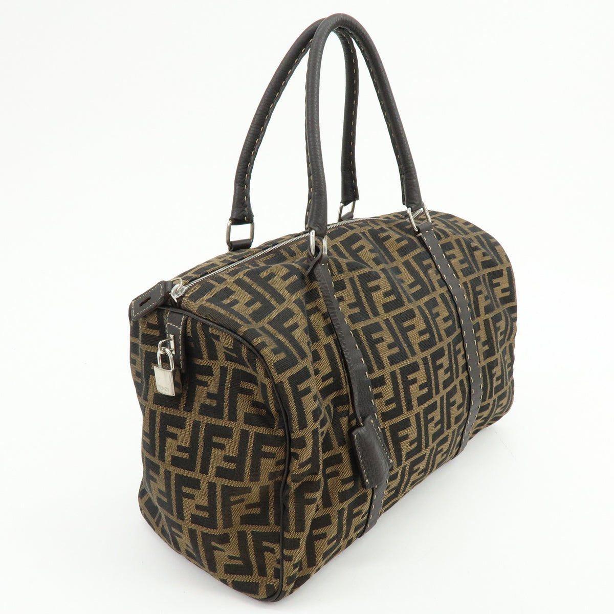 FENDI Zucca Selleria Jacquard Leather Shoulder Bag Boston Bag Brown