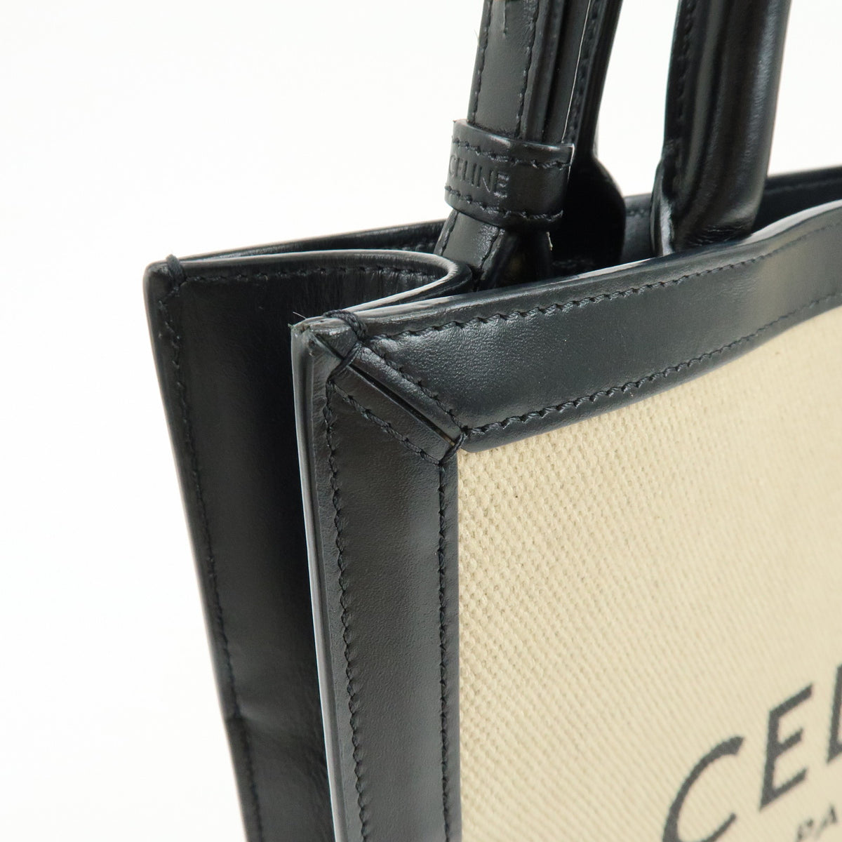 CELINE Small Verical Cabas Canvas Leather 2WAY Bag Tote Bag Beige Black