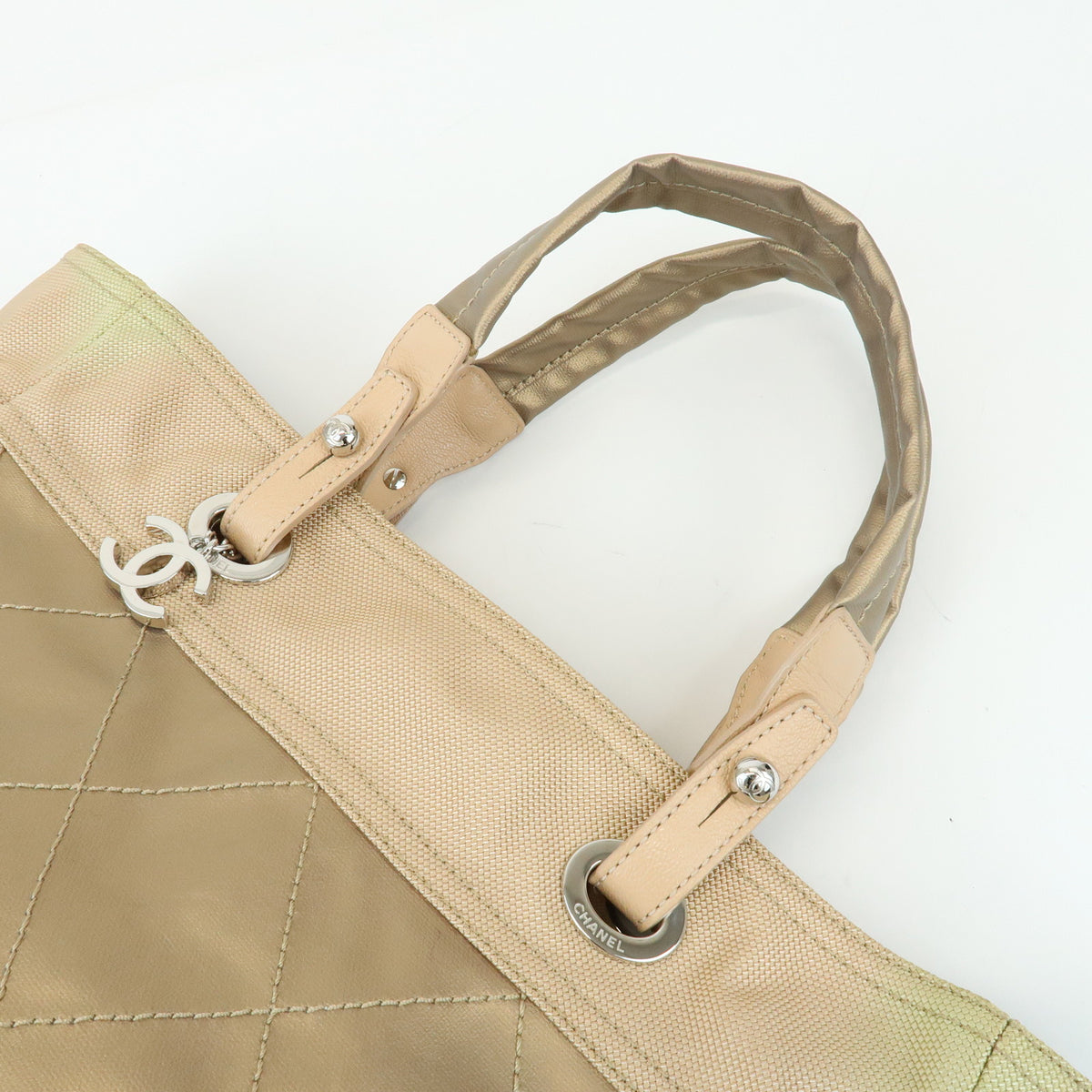 CHANEL Paris Biarritz MM PVC Leather Tote Bag Hand Bag Gold A34209