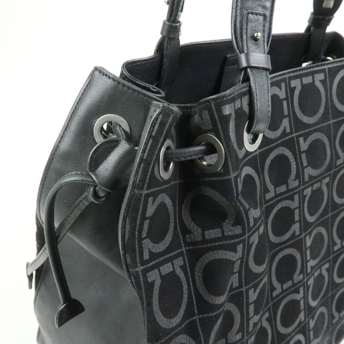 Ferragamo Gancini Suede Leather Shoulder Bag Tote Bag Black