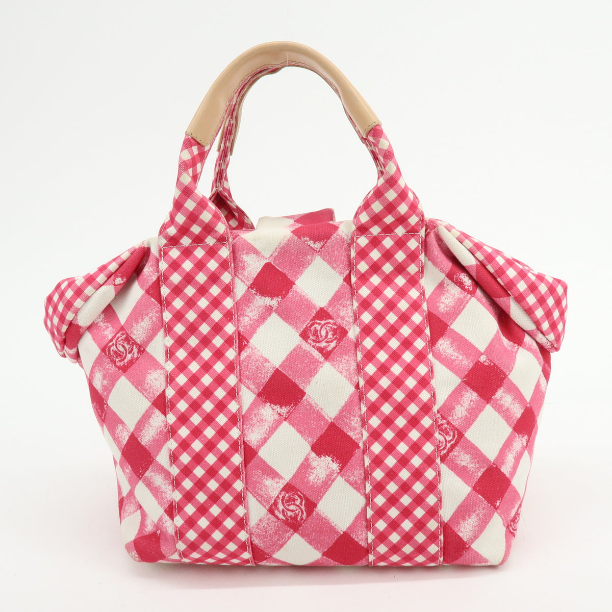 CHANEL Cruise Line Canvas Leather Gingham Hand Bag Tote Bag Pink A49918