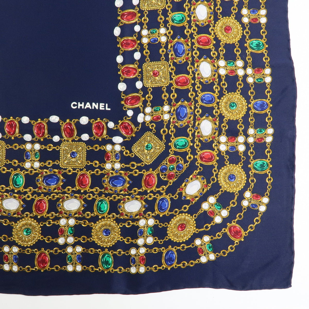 CHANEL Silk 100% Scarf Bijou Chain Print Navy Gold