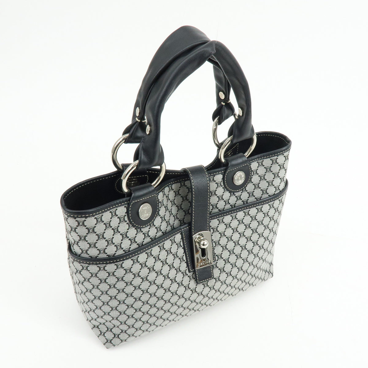 CELINE Macadam Canvas Leather Tote Bag Hand Bag Grey Black