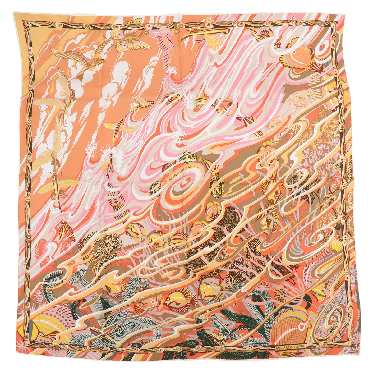 HERMES Carre 90 Silk 100% Scarf De la Mer au Ciel Orange