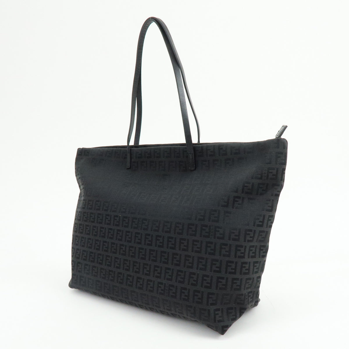 FENDI Zucchino Jacquard Canvas Leather Tote Bag Hand Bag Black 8BH025