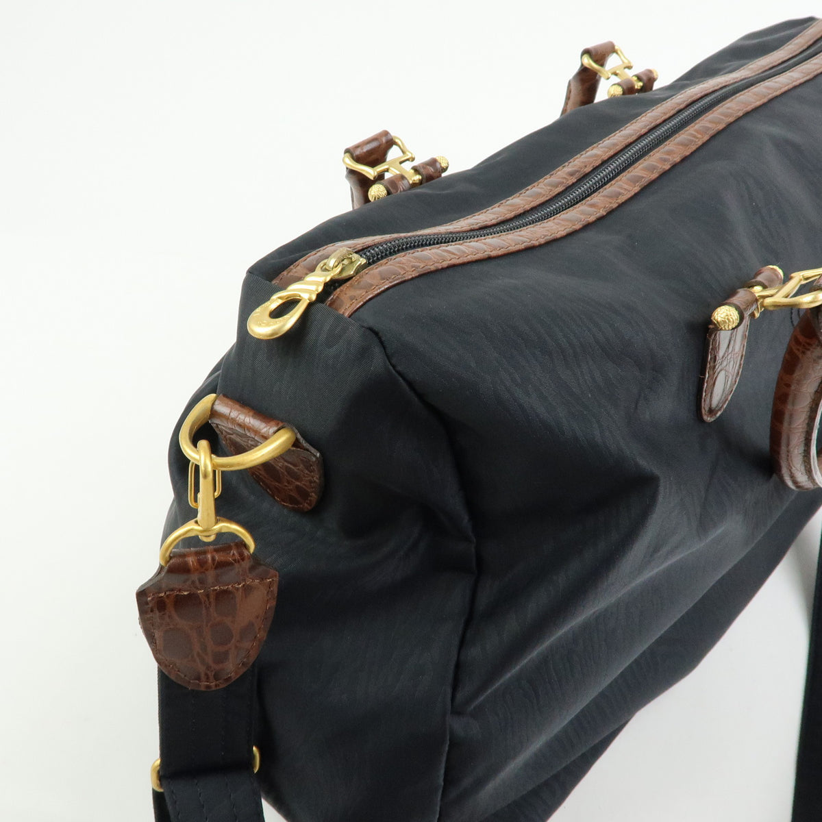 BALENCIAGA Nylon Embossed Leather Boston Bag Black Brown